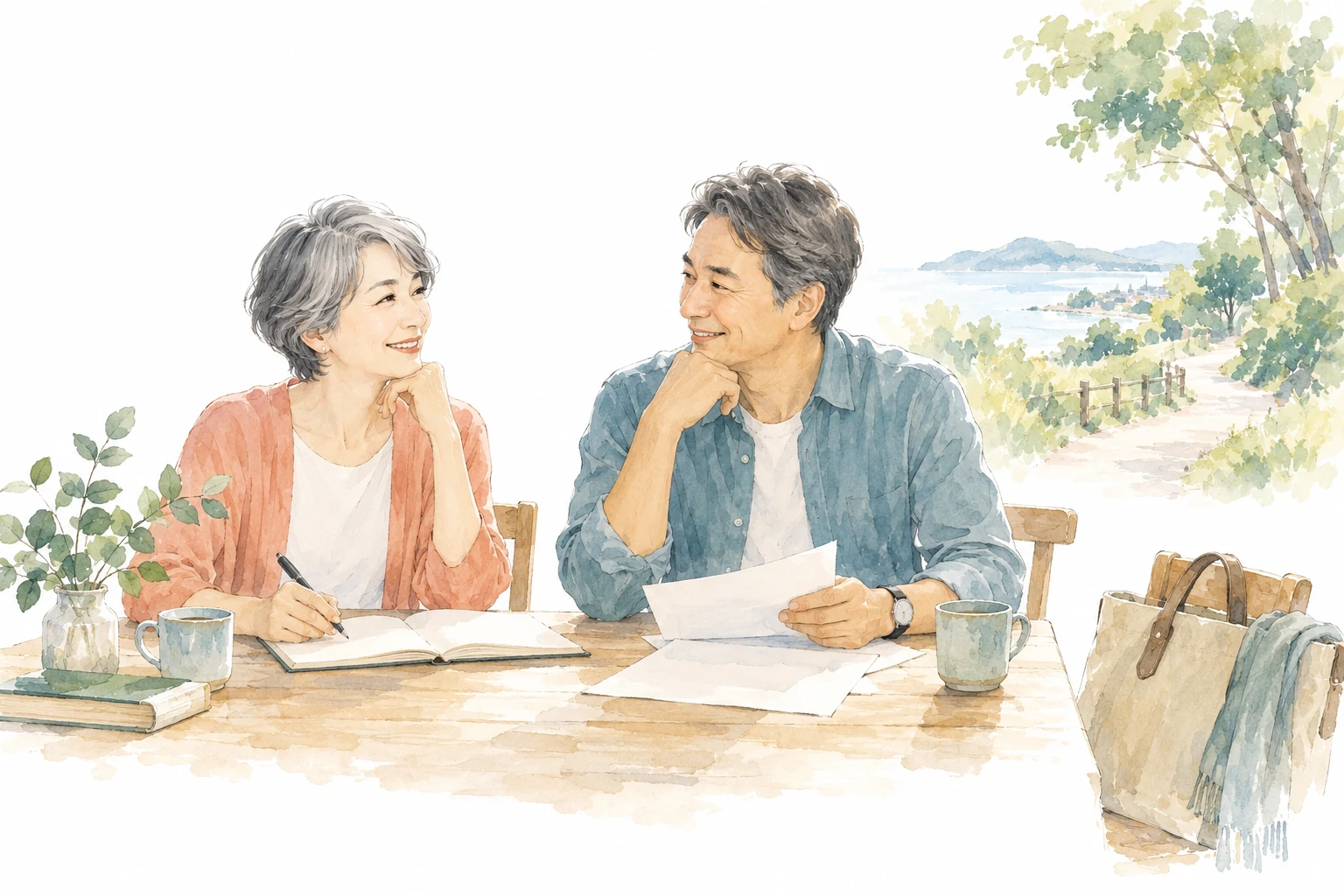 机を囲み、これからの暮らしを考える60代の二人。