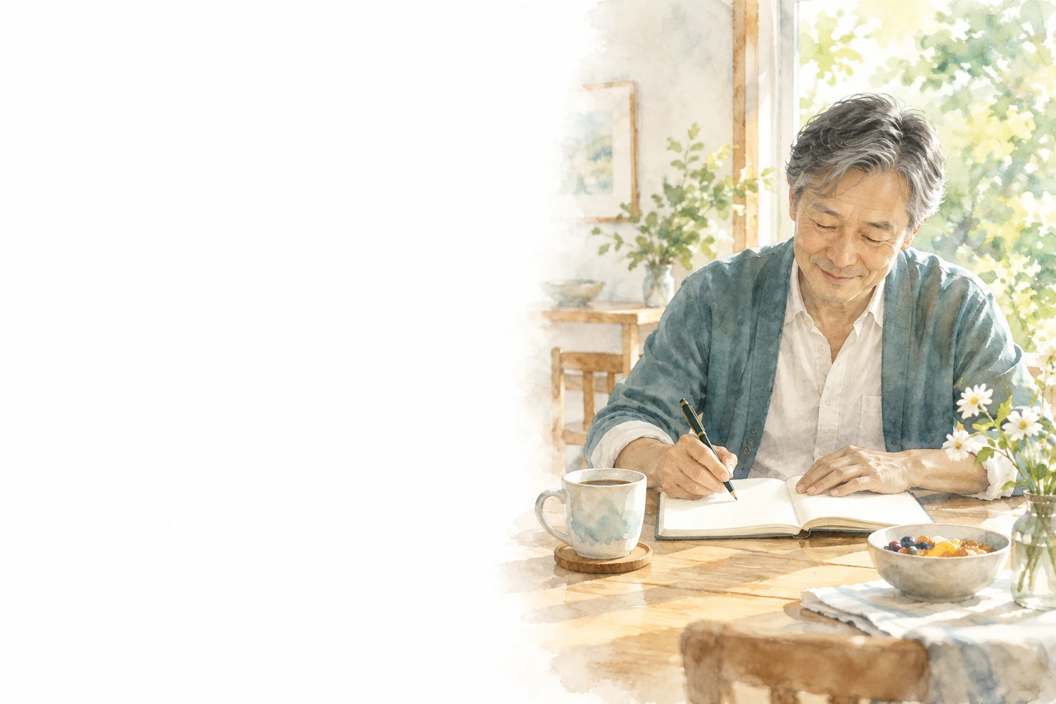 朝食の器とカップを置いた窓辺の机で、ノートに書く男性。