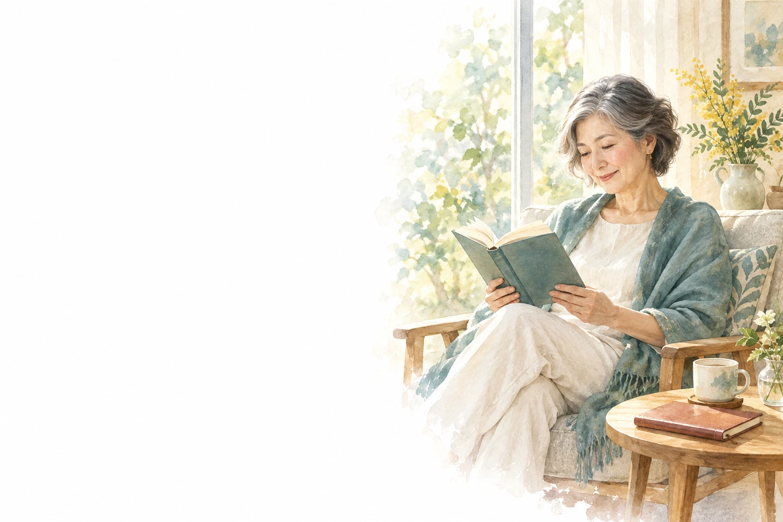 窓辺の椅子で本を読む女性。横の小さな机にカップと閉じた手帳がある。