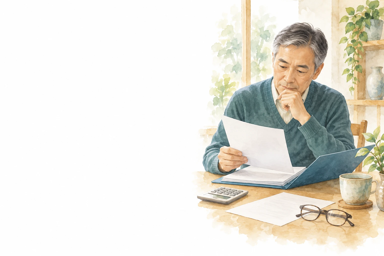 青いファイルを開き書類を読む男性。机に電卓と眼鏡がある。