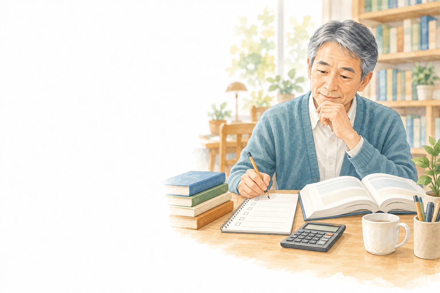 教科書と電卓を置いた机で、学習計画のノートに鉛筆で記入する男性。