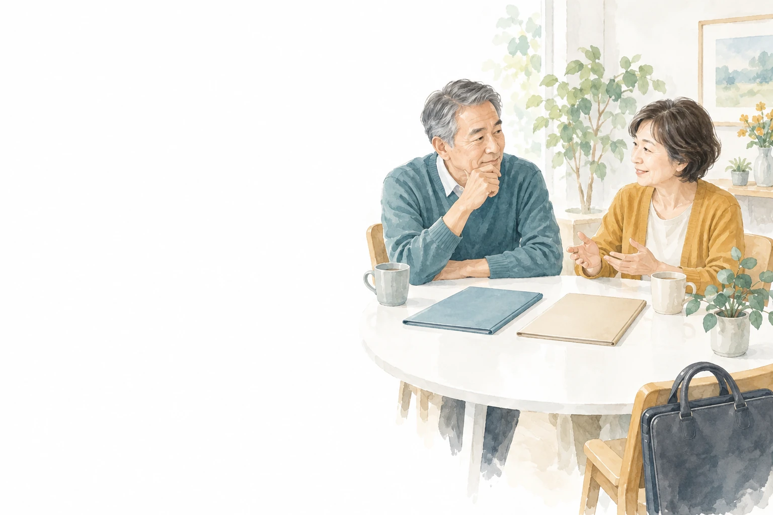仕事用の鞄と二冊のファイルをそばに置き、テーブルで話す男女。