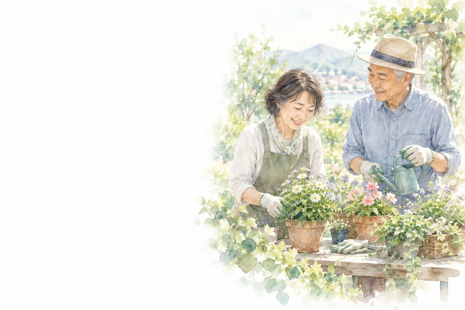 屋外の作業台で、二人が花の鉢を囲み、手入れと水やりをしている。